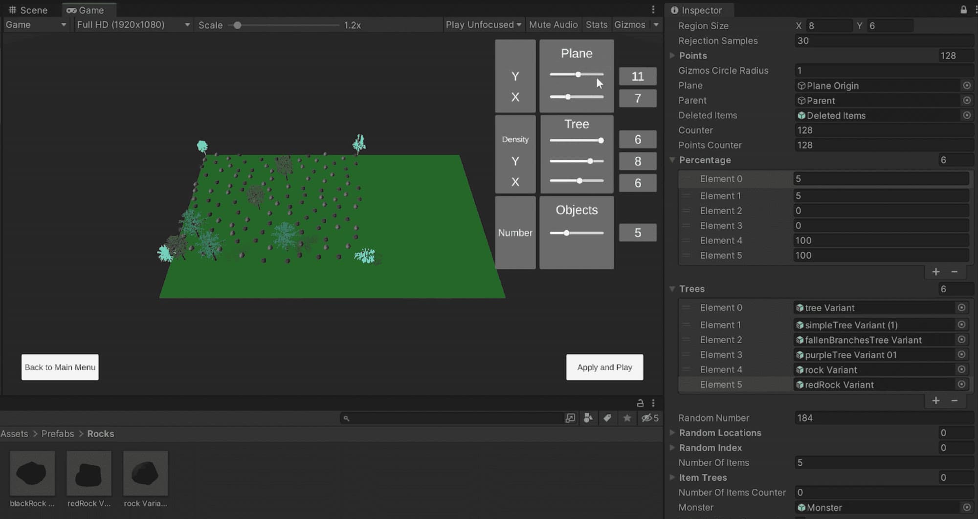 The in-game level editor with sliders for plane size, tree area, density and number of objects, next to a green plane scattered with trees
