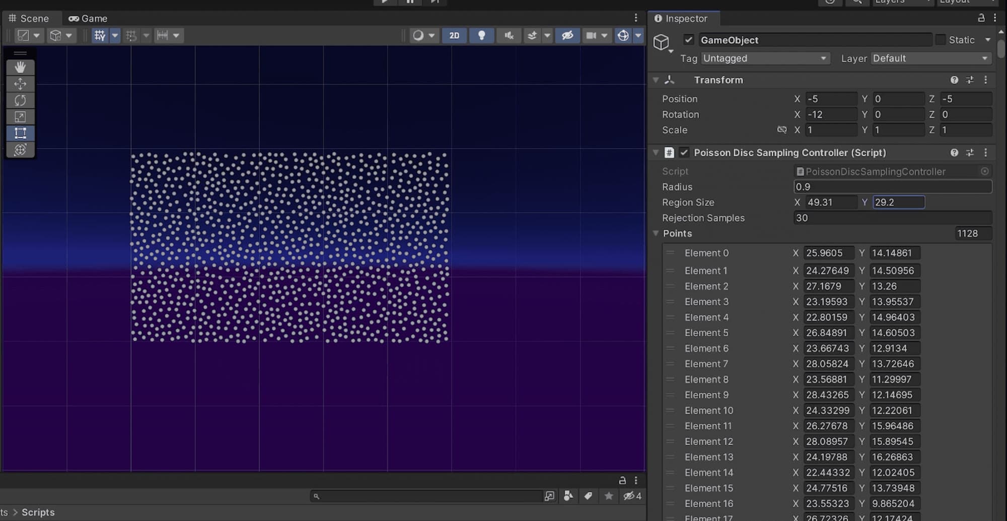 Unity inspector for the Poisson Disc Sampling Controller with radius, region size and rejection samples, beside the dense point set it generated