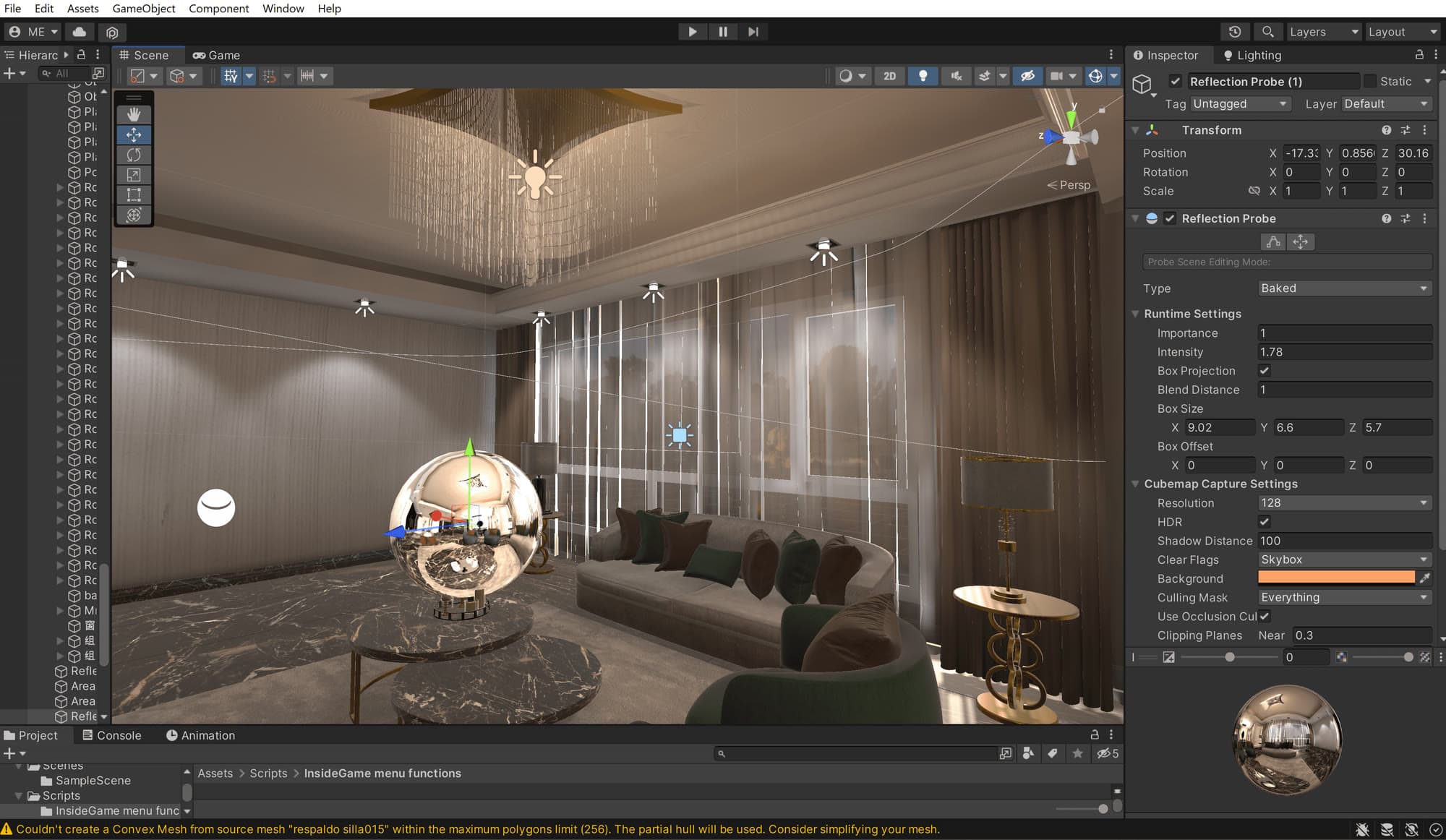 Unity editor view of the living room with a reflection probe selected