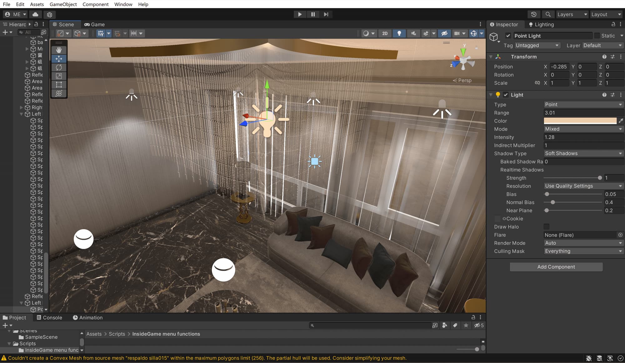 Unity editor view of the living room with a point light selected