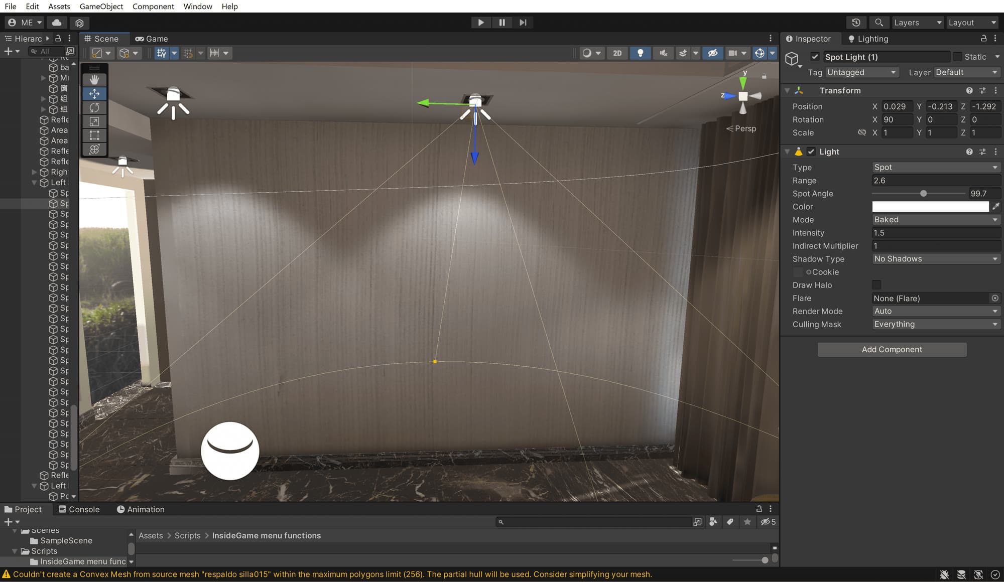 Unity editor view of a wall lit by ceiling spotlights, with a spot light selected