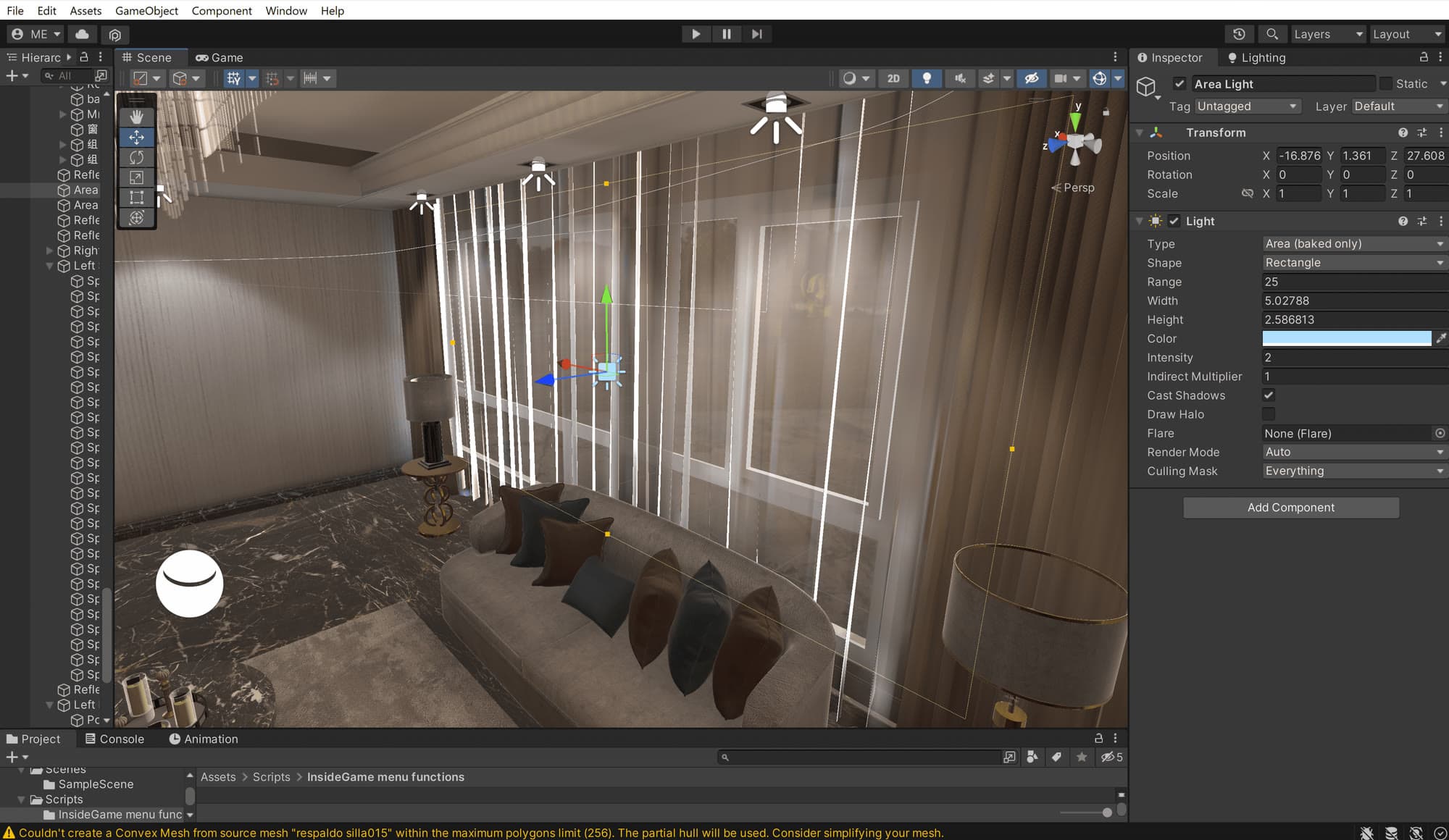 Unity editor view of the TV room with an area light selected at the window