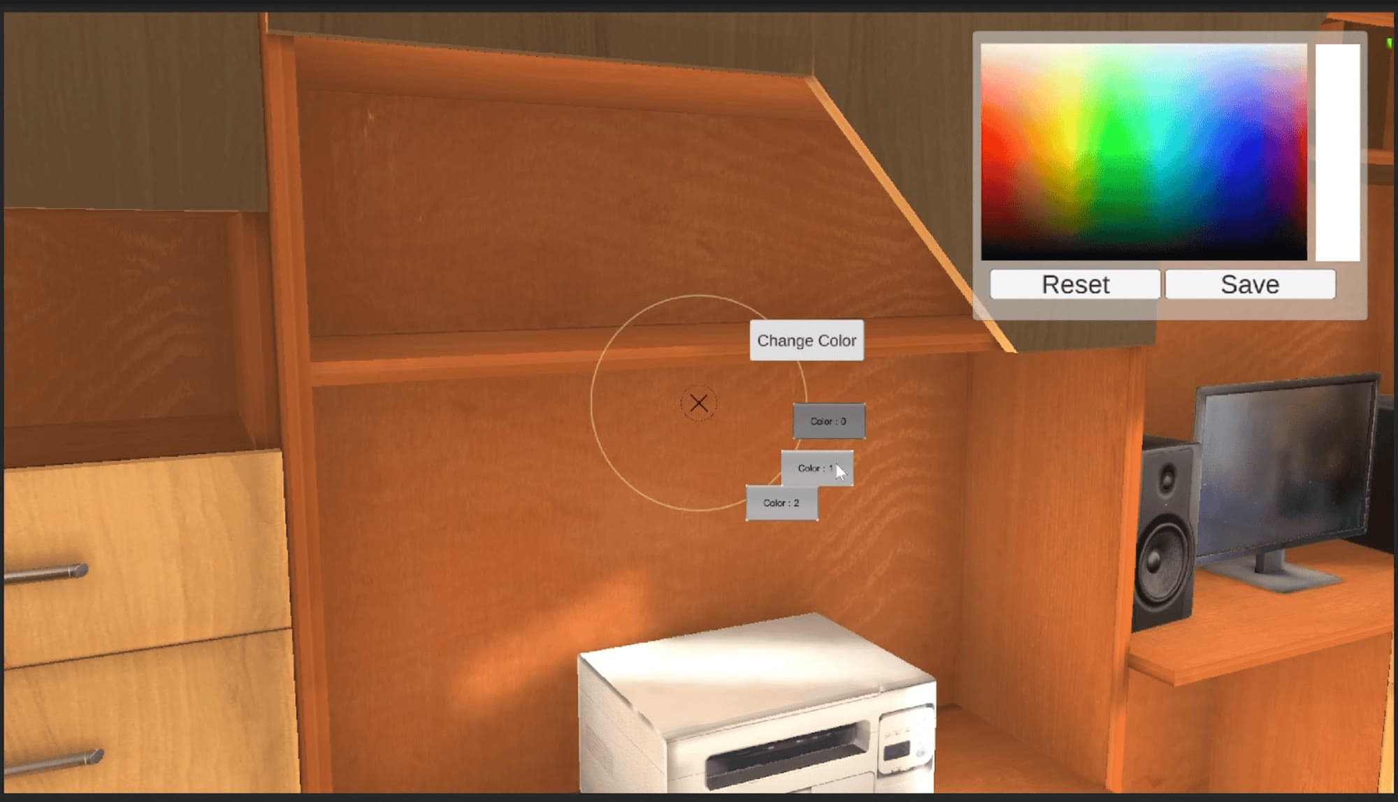 Radial menu on a wooden shelf with a Change Color button and one button per material, next to the colour picker panel