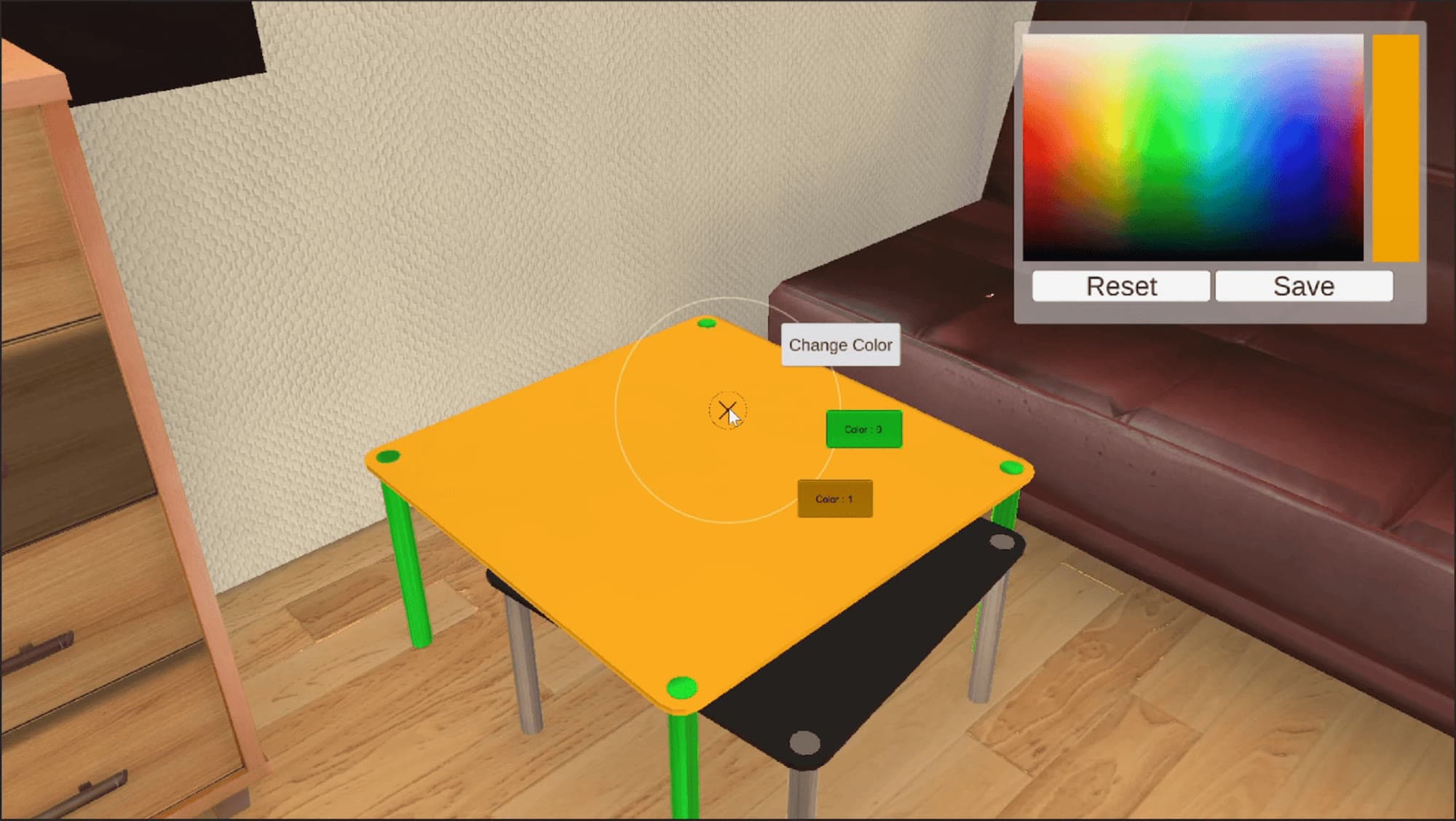 A table recoloured orange and green, with the colour picker panel and its Reset and Save buttons