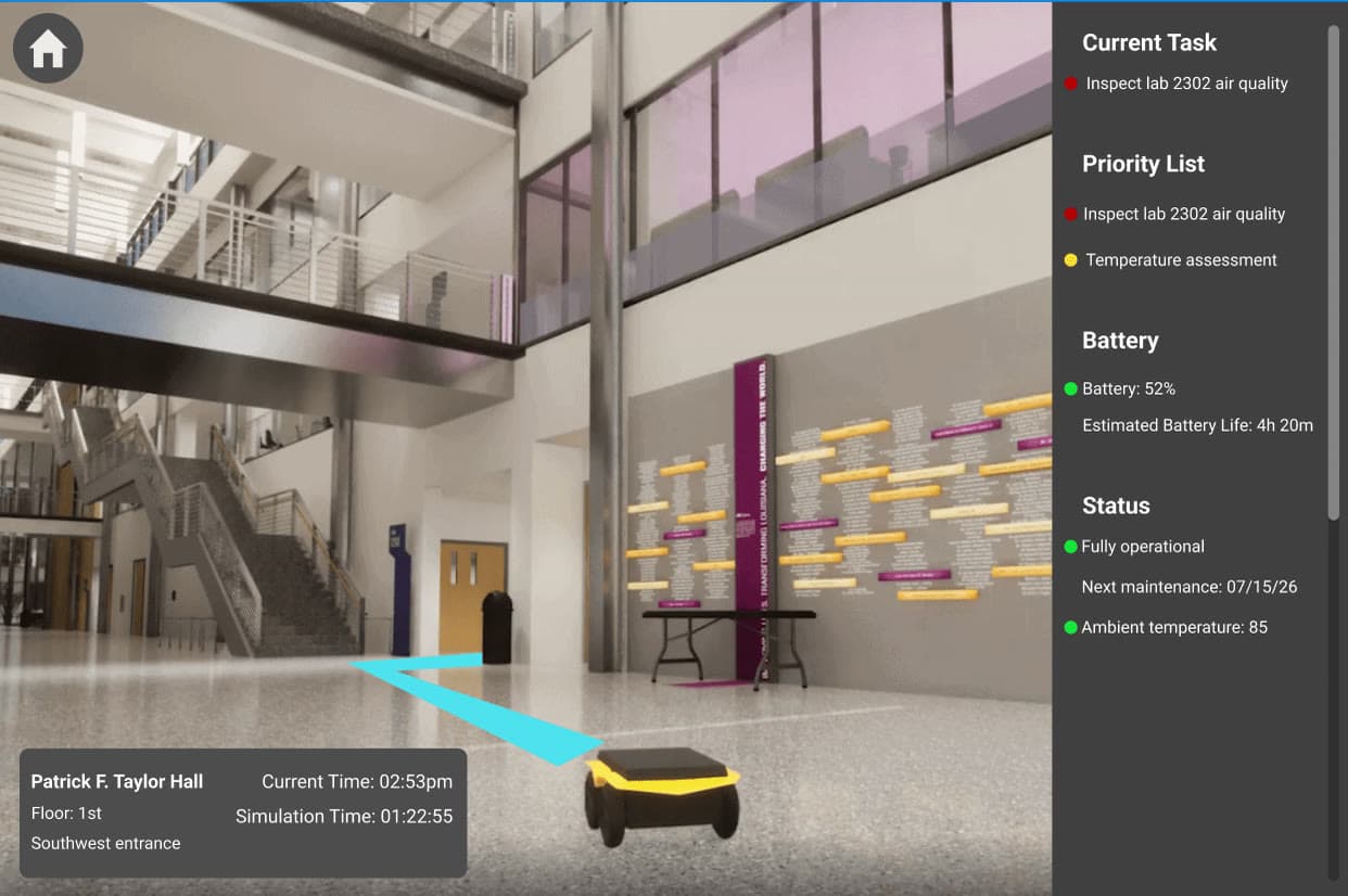A small robot in a university atrium with a projected path, and a side panel listing its current task, priorities, battery and status.