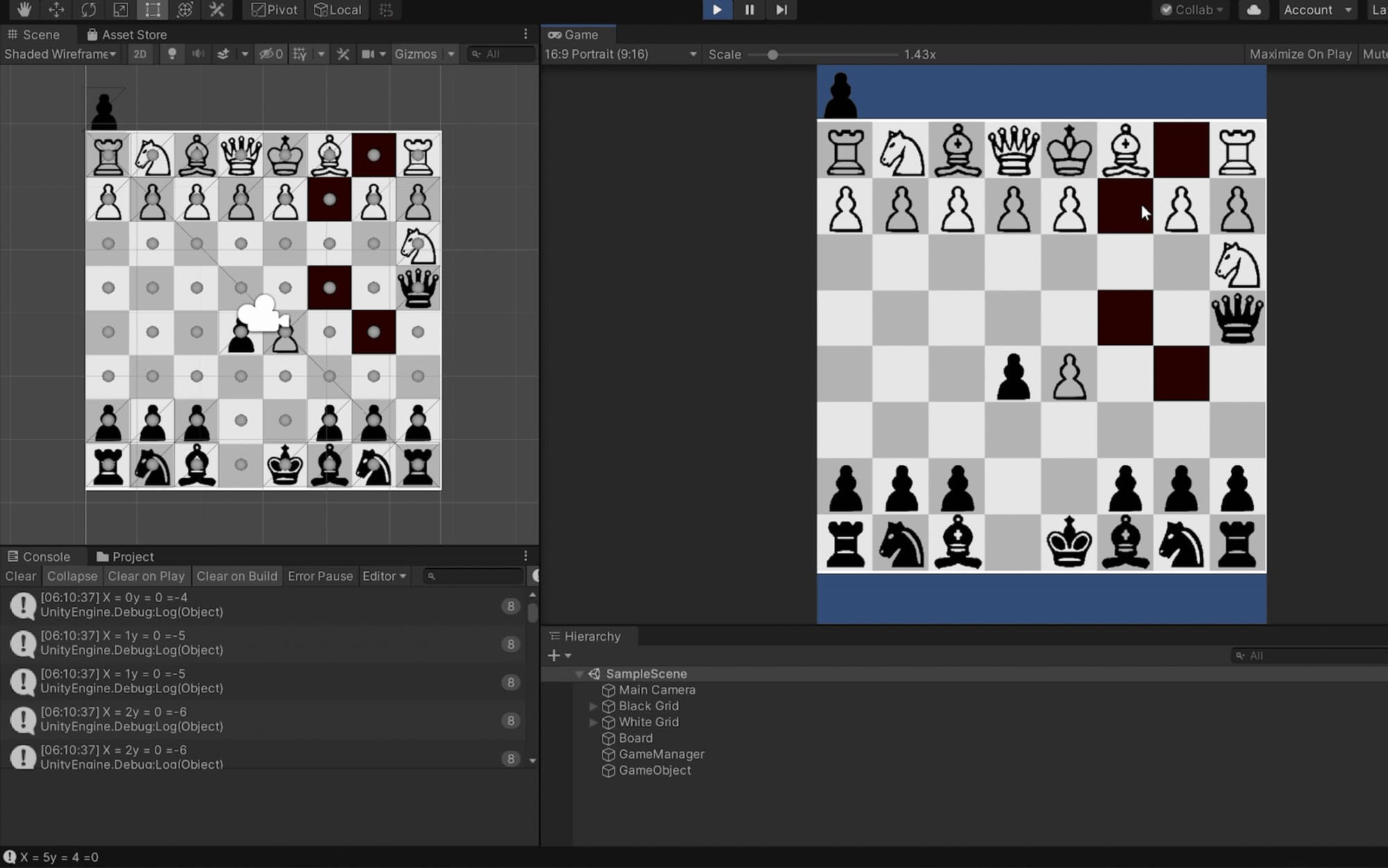 Unity editor with a debug view of the board grids beside the game view, highlighting the squares a piece can move to