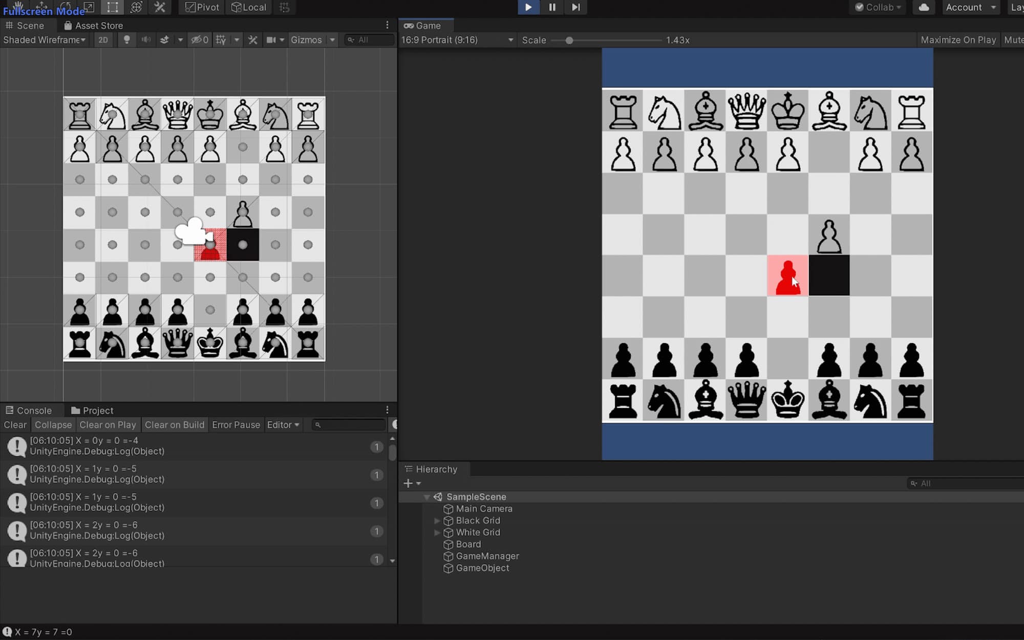 Unity editor with the debug grids and game view, a selected pawn highlighted in red next to its available square