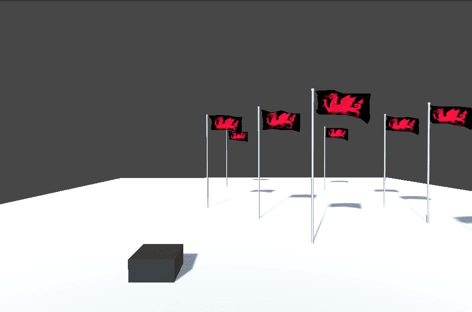 Perspective view of red flags planted across a white plane, with the dark cube collector in the foreground