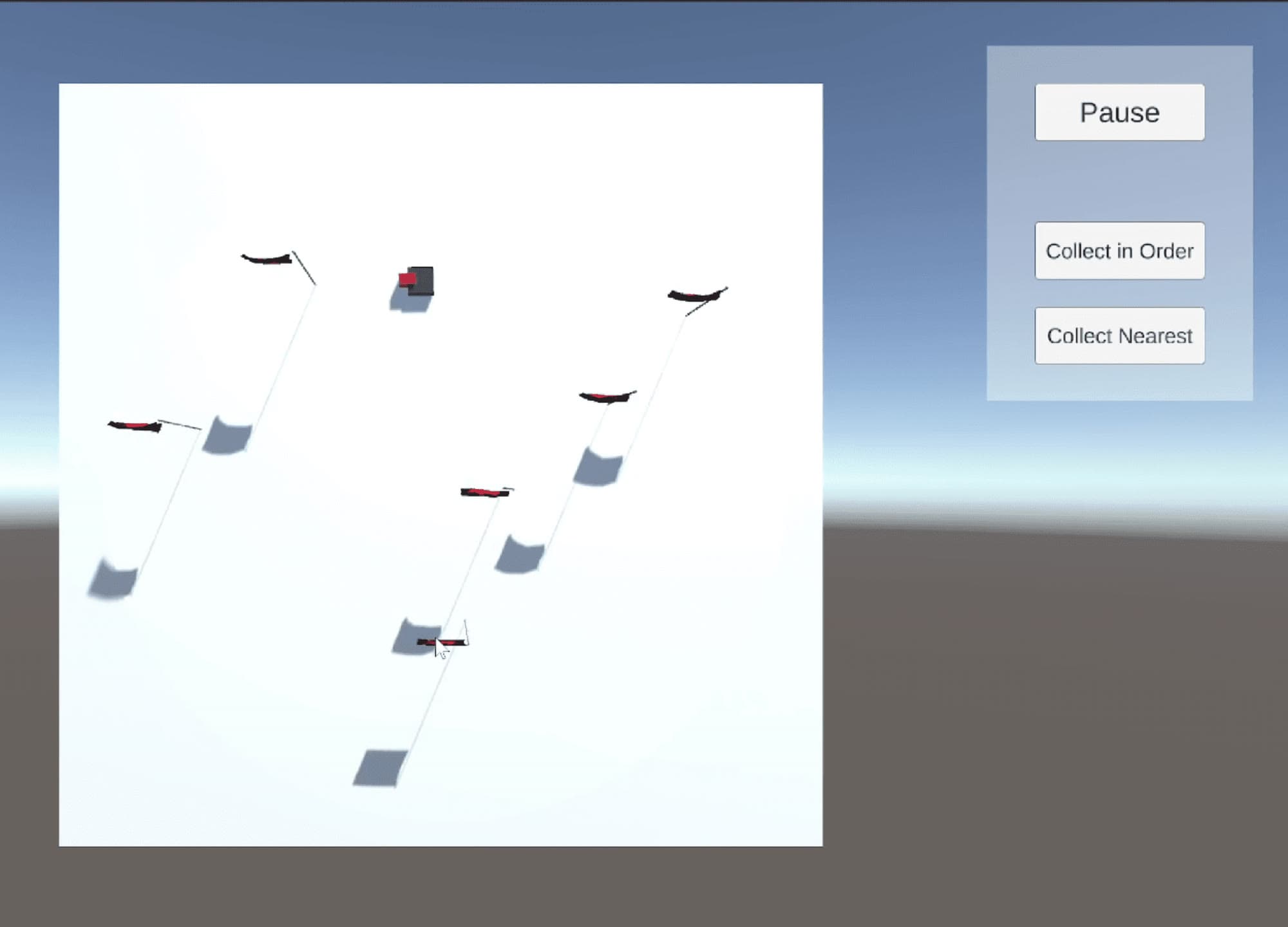 Top-down view of flags placed across the plane, with Pause, Collect in Order and Collect Nearest buttons on the right