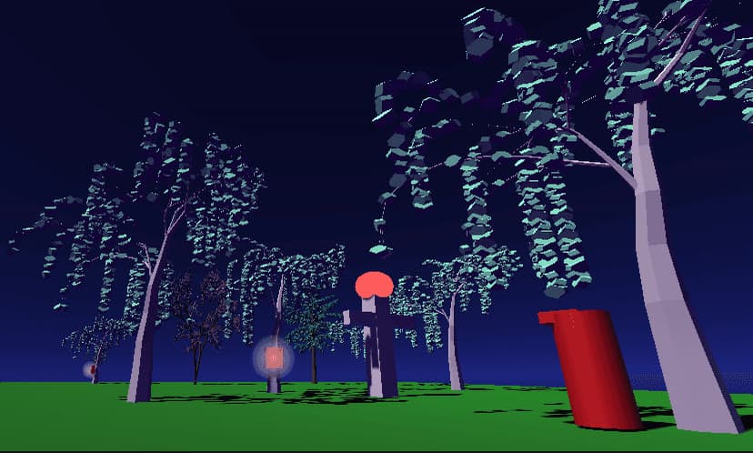 The scarecrow standing among low-poly trees in the night-time forest, a glowing collectible on a tree beside it