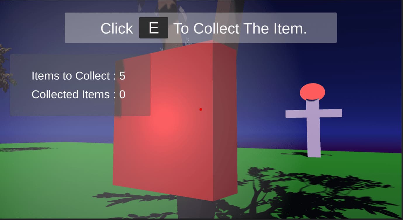 Close-up of a red collectible with the prompt to press E and the item counter, the scarecrow watching in the background
