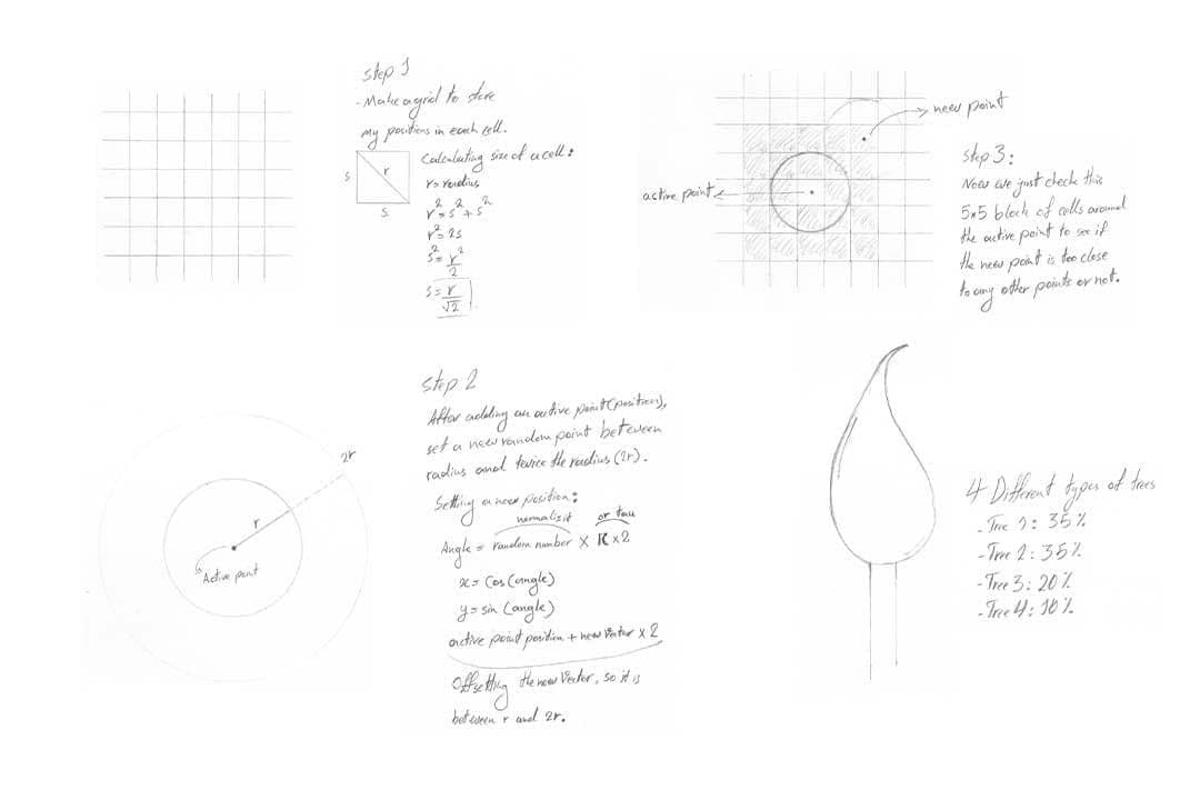 Hand-drawn notes working through Poisson disk sampling step by step, with the percentage split between tree types