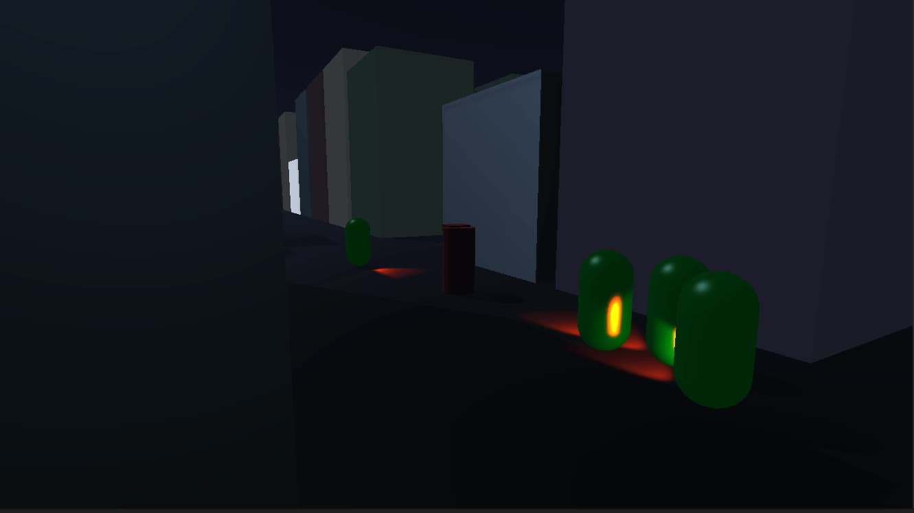 Green capsule zombies closing in on the player through a dark alley between block buildings