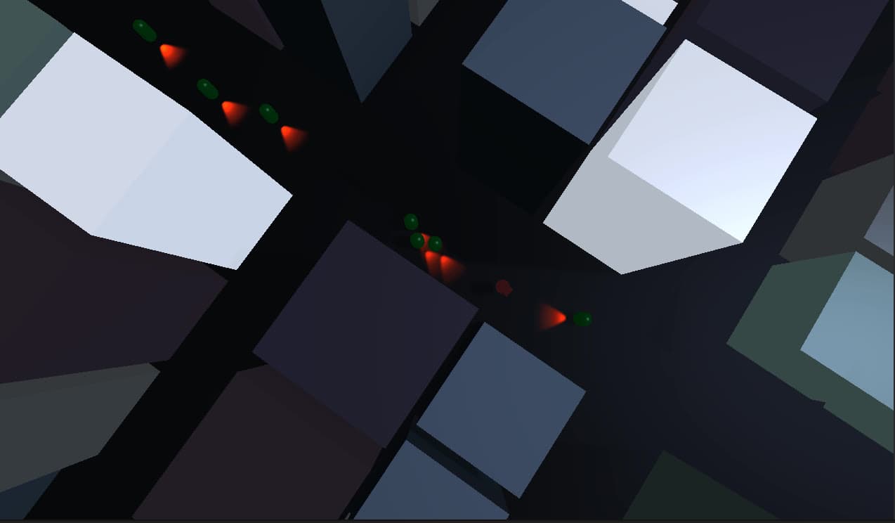 Top-down view of the generated city blocks with green and red zombies moving through the streets